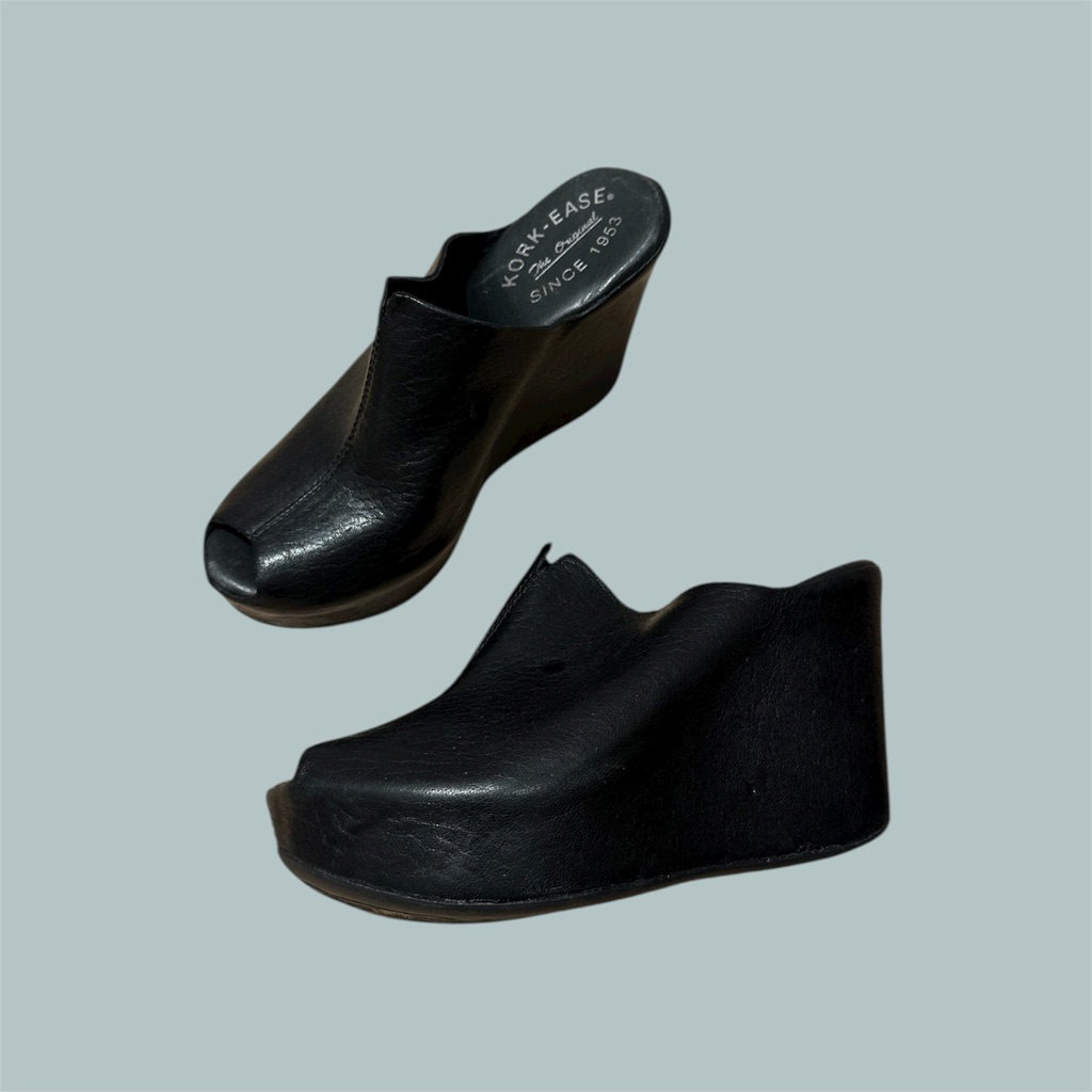 Vintage Kork-Ease Black Leather Wedge Mules